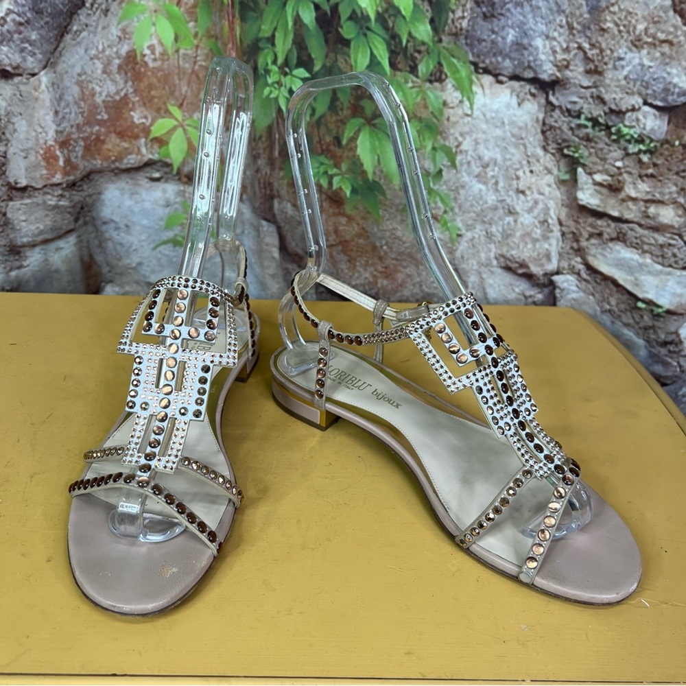 LORIBLU BIJOUX Luxury Tan and Gold Embellished Leather Italian Sandals, 39 - Picture 5 of 15